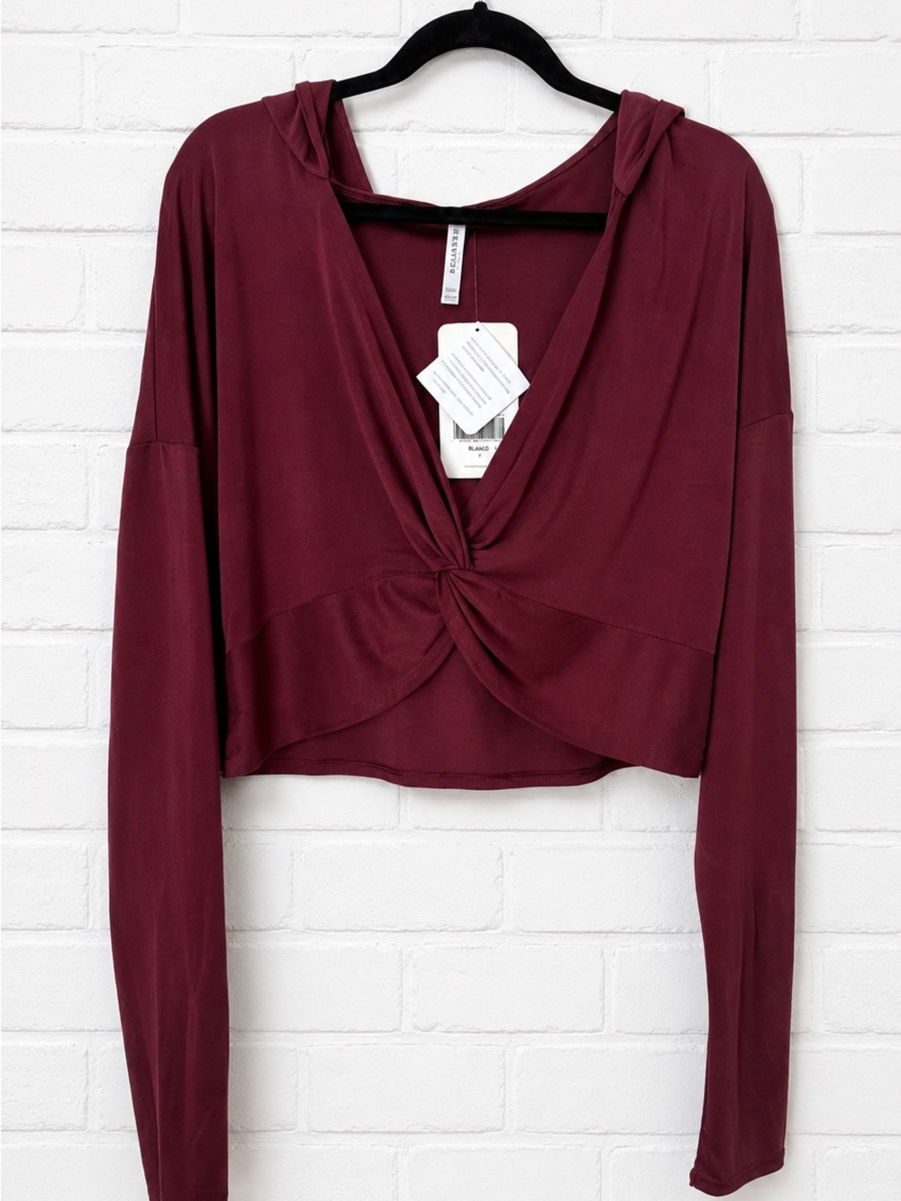 NWT Fabletics Liv Twisted Front Hooded Crop Top XL Burgundy Wine Long Sleeve